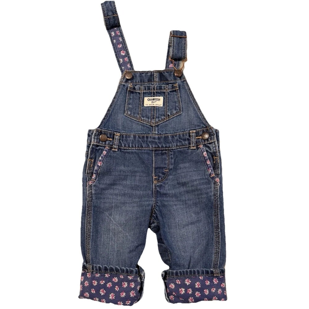 Y2K OshKosh B'gosh Vestbak Baby Girls 9M Blue Denim Overalls Floral Trim Spring
